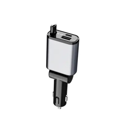 Auto punjač s 3 priključka, 30 W PD i uvlačivim kabelom Silver