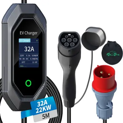 Prijenosni EU Type 2 EV punjač 32A 22kW trofazni, bakar PPU ABS, IP65