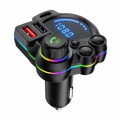 Bluetooth FM odašiljač za automobil, bežična reprodukcija glazbe, brzo punjenje 2 uređaja, pojačanje basa, RGB osvjetljenje | FMONIC