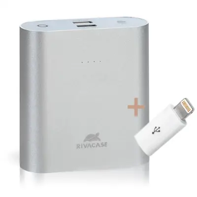 Prijenosna baterija RivaPower VA1015 (15000mAh) Silver, kabel microUSB + adapter microUSB->Lightning, metalno kućište