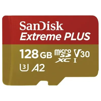 SanDisk Extreme PLUS microSDXC 128GB + SD adapter, brzina čitanja 200MB/s i brzina pisanja 90MB/s A2 C10 V30 UHS-I U